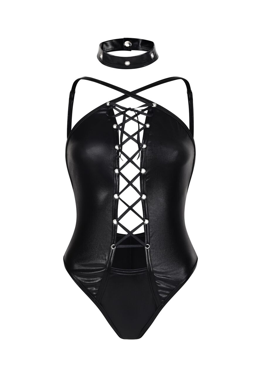 6177 Lingerie Lace Leather Costume Halter Backless Tops Bodysuit Black